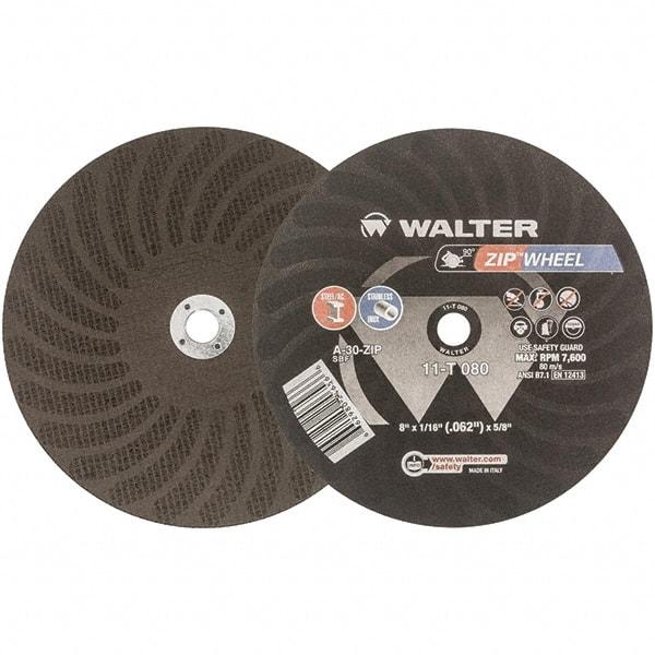 WALTER Surface Technologies - 8" 30 Grit Aluminum Oxide Cutoff Wheel - 1/16" Thick, 5/8" Arbor, 7,600 Max RPM, Use with Circular Saws - Industrial Tool & Supply