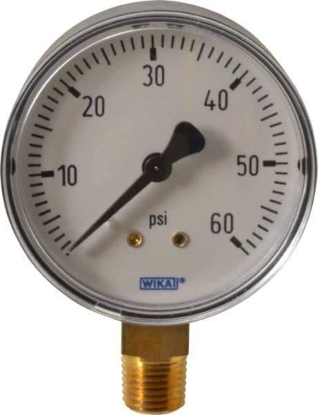 Wika - 2-1/2" Dial, 1/4 Thread, 0-60 Scale Range, Pressure Gauge - Lower Connection Mount, Accurate to 3-2-3% of Scale - Industrial Tool & Supply