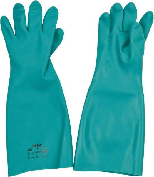 Ansell - Size 2XL (11), 18" Long, 22 mil Thick, Nitrile Chemical Resistant Gloves - Textured Finish, Straight Cuff, ANSI Abrasion Level 5, ANSI Cut Level 0, Green, FDA Approved - Industrial Tool & Supply