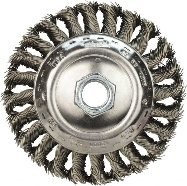 Wheel Brush: 5″ Wheel Dia, Stringer Bead 5/8″ Hole, Steel, 12,500 RPM