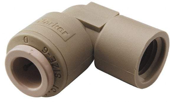 Parker - 3/8" Outside Diam, 3/8 NPTF, Acetal Push-to-Connect Tube Female Elbow - 300 Max psi, Tan - Industrial Tool & Supply