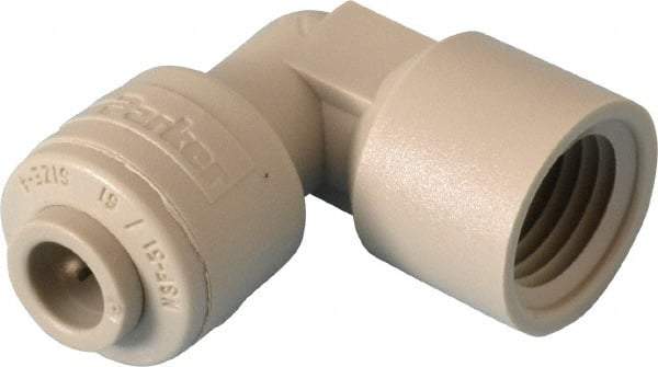 Parker - 1/4" Outside Diam, 1/4 NPTF, Acetal Push-to-Connect Tube Female Elbow - 300 Max psi, Tan - Industrial Tool & Supply