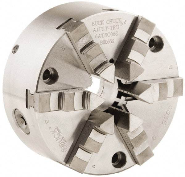 Buck Chuck Company - 6 Jaws, 8" Diam, Self Centering Manual Lathe Chuck - Front Mount, Adjustable, 3,000 Max RPM, 2.37" Through Hole Diam, Forged Steel - Industrial Tool & Supply