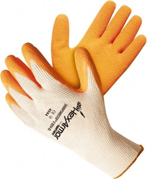 HexArmor - Size L (9), ANSI Cut Lvl A9, Puncture Lvl 5, Natural Rubber Latex Coated Cotton/SuperFabric Cut Resistant Gloves - 10.62" Long, Palm & Knuckles Coated, SuperFabric Lining, Knit Wrist, White/Orange, Paired - Industrial Tool & Supply