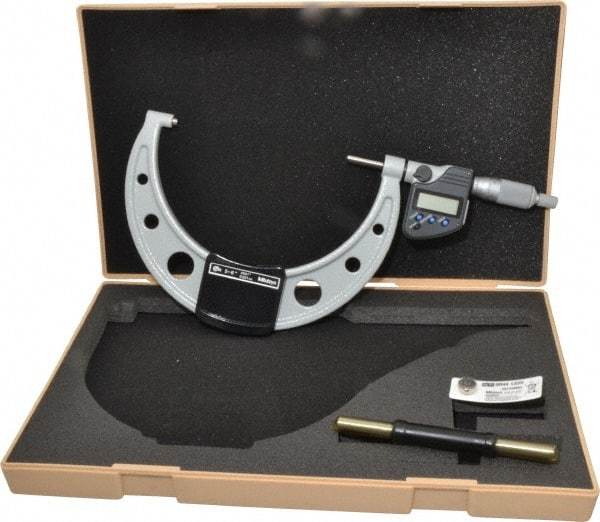 Mitutoyo - 5 to 6 Inch Range, 0.0001 Inch Resolution, Standard Throat, IP65 Electronic Outside Micrometer - 0.0001 Inch Accuracy, Ratchet Stop Thimble, Carbide Face, SR44 Battery, Data Output - Industrial Tool & Supply