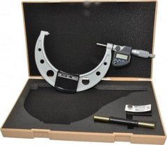 Mitutoyo - 5 to 6 Inch Range, 0.0001 Inch Resolution, Standard Throat, IP65 Electronic Outside Micrometer - 0.0001 Inch Accuracy, Ratchet Stop Thimble, Carbide Face, SR44 Battery, Data Output - Industrial Tool & Supply