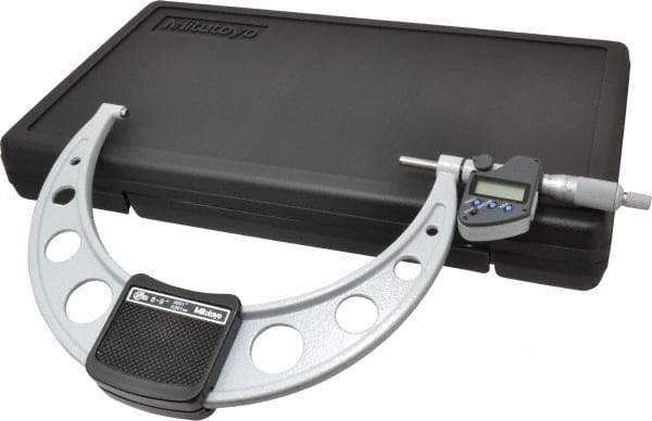 Mitutoyo - 8 to 9 Inch Range, 0.0001 Inch Resolution, Standard Throat, IP65 Electronic Outside Micrometer - 0.0002 Inch Accuracy, Ratchet Stop Thimble, Carbide Face, SR44 Battery, Data Output, Includes Certification of Inspection and Wooden Box - Industrial Tool & Supply