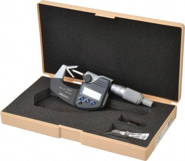 Mitutoyo - 0.05 to 0.6 Inch Measurement, Accuracy Up to 4 micro m, 3 Flutes Measured, Ratchet Stop Thimble, Electronic V Anvil Micrometer - 0.0001 Inch Resolution, Carbide, Data Output, SR44 Battery - Industrial Tool & Supply