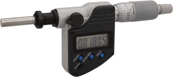 Mitutoyo - 0 to 25.4mm Range, 6.35mm Spindle Diameter, 156.5mm OAL, Flat Spindle Electronic Micrometer Head - 0.00005" Resolution, 0.0001" Accuracy, Carbide Measuring Face, Data Output - Industrial Tool & Supply