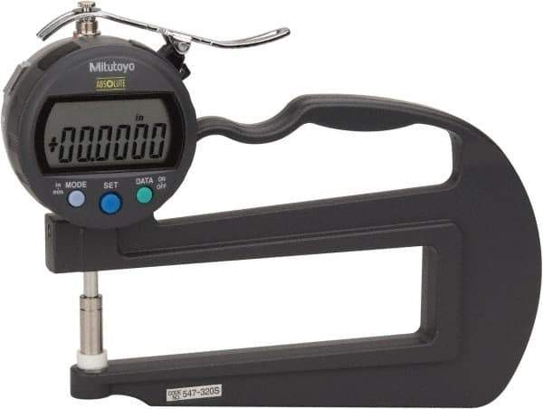 Mitutoyo - 0mm to 10mm Measurement, 0.01mm Resolution Electronic Thickness Gage - Accurate up to 0.001", 1.5 N Measuring Force - Industrial Tool & Supply