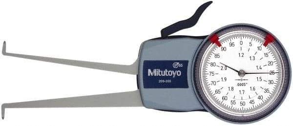 Mitutoyo - 1.2 to 2" Inside Dial Caliper Gage - 0.0005" Graduation, 0.0015" Accuracy, 3.3" Leg Length, 0.26" Deep x 0.06" Wide Groove, Ball Contact Points - Industrial Tool & Supply