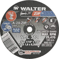 WALTER Surface Technologies - 3" 24 Grit Aluminum Oxide Cutoff Wheel - 1/16" Thick, 1/4" Arbor, 25,470 Max RPM, Use with Die Grinders - Industrial Tool & Supply