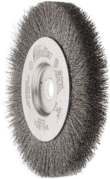 Weiler - 4" OD, 1/2" Arbor Hole, Crimped Steel Wheel Brush - 1/2" Face Width, 7/8" Trim Length, 0.006" Filament Diam, 12,500 RPM - Industrial Tool & Supply