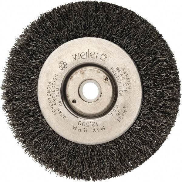 Weiler - 4" OD, 1/2" Arbor Hole, Crimped Steel Wheel Brush - 1/2" Face Width, 7/8" Trim Length, 0.008" Filament Diam, 12,500 RPM - Industrial Tool & Supply
