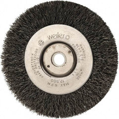 Weiler - 4" OD, 1/2" Arbor Hole, Crimped Steel Wheel Brush - 1/2" Face Width, 7/8" Trim Length, 0.008" Filament Diam, 12,500 RPM - Industrial Tool & Supply