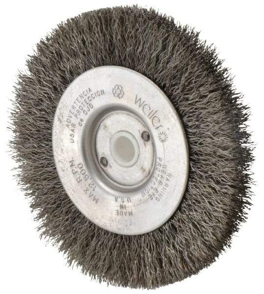 Weiler - 4" OD, 1/2" Arbor Hole, Crimped Steel Wheel Brush - 1/2" Face Width, 7/8" Trim Length, 0.0095" Filament Diam, 12,500 RPM - Industrial Tool & Supply