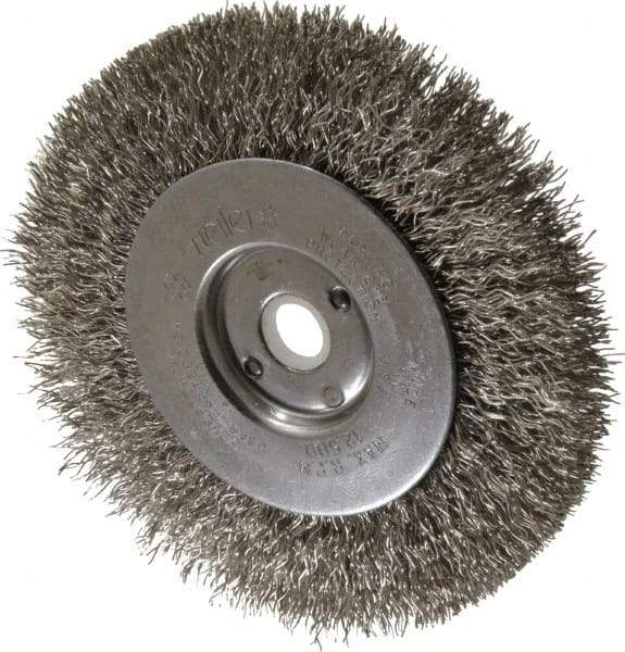 Weiler - 4" OD, 1/2" Arbor Hole, Crimped Stainless Steel Wheel Brush - 1/2" Face Width, 7/8" Trim Length, 0.0118" Filament Diam, 12,500 RPM - Industrial Tool & Supply