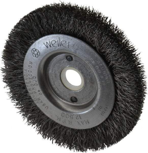 Weiler - 3" OD, 1/2" Arbor Hole, Crimped Steel Wheel Brush - 7/16" Face Width, 1/2" Trim Length, 0.008" Filament Diam, 12,500 RPM - Industrial Tool & Supply