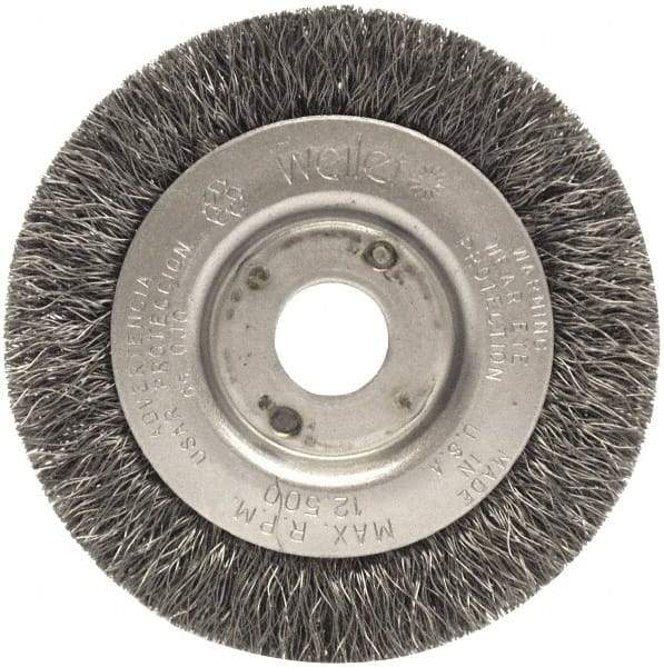 Weiler - 3" OD, 1/2" Arbor Hole, Crimped Steel Wheel Brush - 7/16" Face Width, 1/2" Trim Length, 0.014" Filament Diam, 12,500 RPM - Industrial Tool & Supply