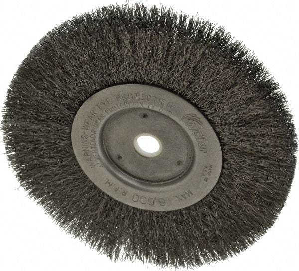 Weiler - 6" OD, 5/8" Arbor Hole, Crimped Steel Wheel Brush - 1/2" Face Width, 1-7/16" Trim Length, 0.008" Filament Diam, 6,000 RPM - Industrial Tool & Supply