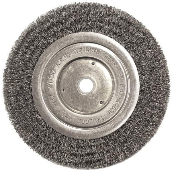 Weiler - 6" OD, 5/8" Arbor Hole, Crimped Steel Wheel Brush - 1/2" Face Width, 1-1/16" Trim Length, 0.0118" Filament Diam, 6,000 RPM - Industrial Tool & Supply