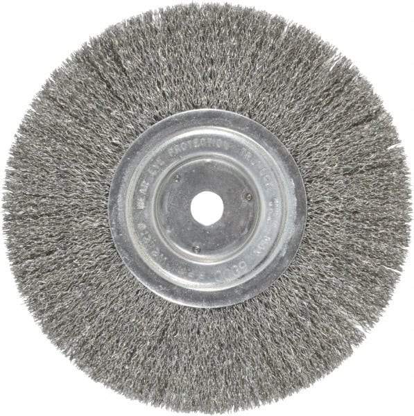 Weiler - 8" OD, 5/8" Arbor Hole, Crimped Steel Wheel Brush - 1/2" Face Width, 2-1/16" Trim Length, 0.014" Filament Diam, 6,000 RPM - Industrial Tool & Supply