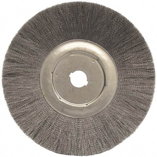 Weiler - 12" OD, 1-1/4" Arbor Hole, Crimped Steel Wheel Brush - 3/4" Face Width, 2-15/16" Trim Length, 0.006" Filament Diam, 3,000 RPM - Industrial Tool & Supply