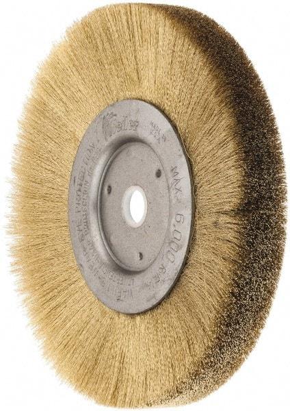 Weiler - 6" OD, 5/8" Arbor Hole, Crimped Brass Wheel Brush - 1/2" Face Width, 1-1/16" Trim Length, 0.005" Filament Diam, 6,000 RPM - Industrial Tool & Supply