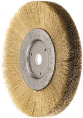 Weiler - 6" OD, 5/8" Arbor Hole, Crimped Brass Wheel Brush - 1/2" Face Width, 1-1/16" Trim Length, 0.005" Filament Diam, 6,000 RPM - Industrial Tool & Supply