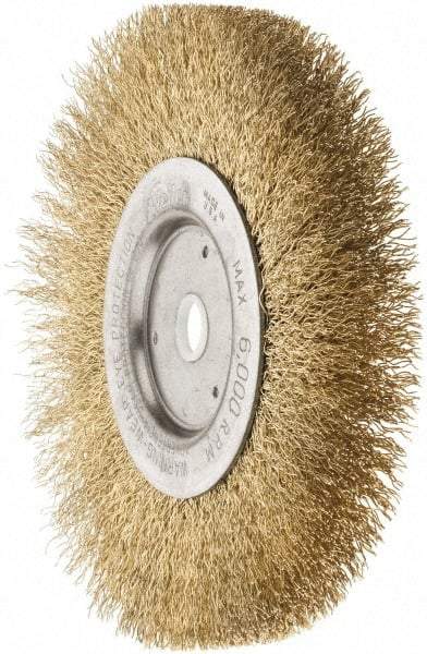 Weiler - 6" OD, 5/8" Arbor Hole, Crimped Brass Wheel Brush - 1/2" Face Width, 1-1/16" Trim Length, 0.0118" Filament Diam, 6,000 RPM - Industrial Tool & Supply