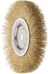 Weiler - 6" OD, 5/8" Arbor Hole, Crimped Brass Wheel Brush - 1/2" Face Width, 1-1/16" Trim Length, 0.0118" Filament Diam, 6,000 RPM - Industrial Tool & Supply