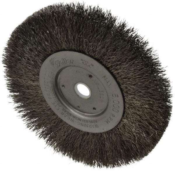 Weiler - 6" OD, 5/8" Arbor Hole, Crimped Stainless Steel Wheel Brush - 1/2" Face Width, 1-7/16" Trim Length, 0.0104" Filament Diam, 6,000 RPM - Industrial Tool & Supply