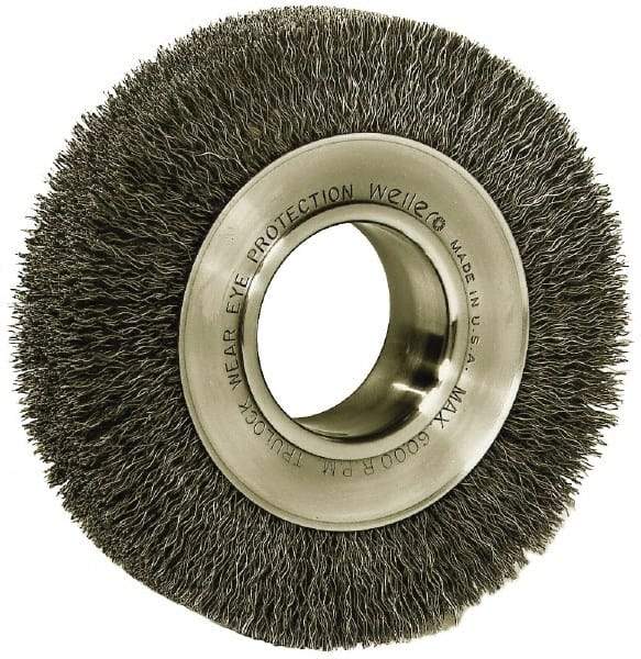 Weiler - 6" OD, 2" Arbor Hole, Crimped Steel Wheel Brush - 1-1/4" Face Width, 1-1/8" Trim Length, 0.006" Filament Diam, 6,000 RPM - Industrial Tool & Supply