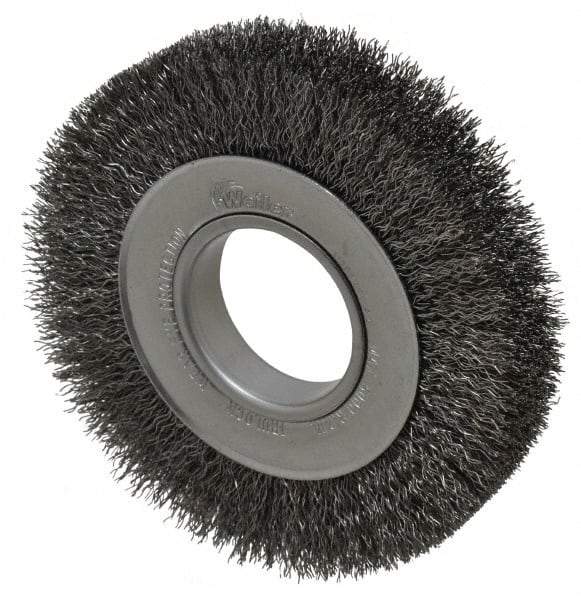 Weiler - 6" OD, 2" Arbor Hole, Crimped Steel Wheel Brush - 1" Face Width, 1-1/8" Trim Length, 0.014" Filament Diam, 6,000 RPM - Industrial Tool & Supply