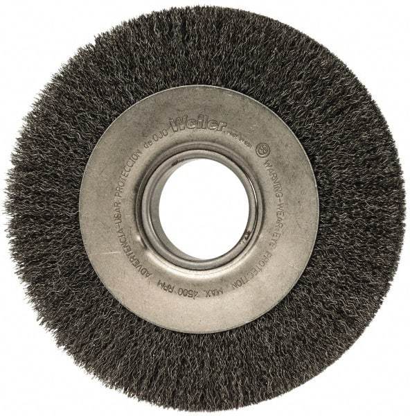 Weiler - 8" OD, 2" Arbor Hole, Crimped Steel Wheel Brush - 1" Face Width, 1-3/8" Trim Length, 0.0118" Filament Diam, 4,500 RPM - Industrial Tool & Supply