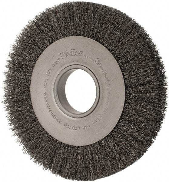Weiler - 8" OD, 2" Arbor Hole, Crimped Steel Wheel Brush - 1" Face Width, 1-3/8" Trim Length, 0.014" Filament Diam, 4,500 RPM - Industrial Tool & Supply