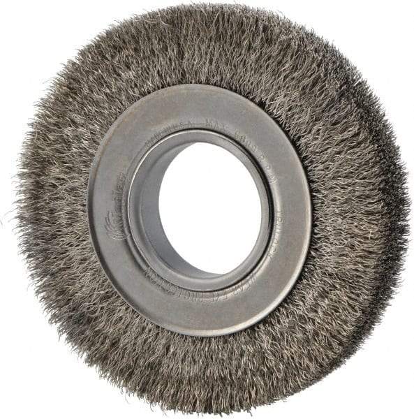 Weiler - 6" OD, 2" Arbor Hole, Crimped Stainless Steel Wheel Brush - 1" Face Width, 1-1/8" Trim Length, 0.0104" Filament Diam, 6,000 RPM - Industrial Tool & Supply