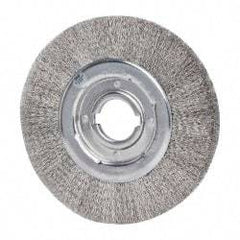 Weiler - 10" OD, 2" Arbor Hole, Crimped Stainless Steel Wheel Brush - 1-1/8" Face Width, 2" Trim Length, 0.0118" Filament Diam, 3,600 RPM - Industrial Tool & Supply