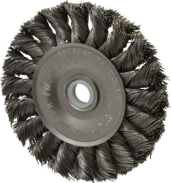 Weiler - 3" OD, 1/2" Arbor Hole, Knotted Steel Wheel Brush - 3/8" Face Width, 5/8" Trim Length, 0.014" Filament Diam, 25,000 RPM - Industrial Tool & Supply