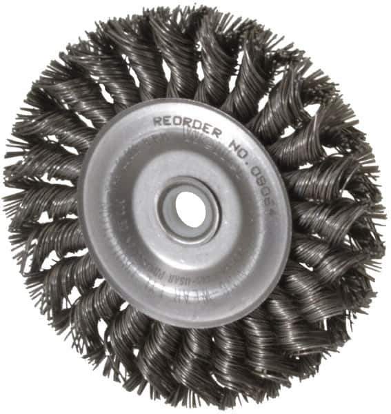 Weiler - 4" OD, 1/2" Arbor Hole, Knotted Steel Wheel Brush - 1/2" Face Width, 7/8" Trim Length, 0.02" Filament Diam, 20,000 RPM - Industrial Tool & Supply