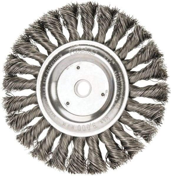 Weiler - 6" OD, 5/8" Arbor Hole, Knotted Steel Wheel Brush - 1/2" Face Width, 1-3/8" Trim Length, 0.016" Filament Diam, 9,000 RPM - Industrial Tool & Supply