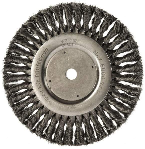 Weiler - 8" OD, 5/8" Arbor Hole, Knotted Steel Wheel Brush - 5/8" Face Width, 1-5/8" Trim Length, 0.0118" Filament Diam, 6,000 RPM - Industrial Tool & Supply