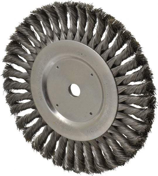 Weiler - 8" OD, 5/8" Arbor Hole, Knotted Steel Wheel Brush - 5/8" Face Width, 1-5/8" Trim Length, 0.016" Filament Diam, 6,000 RPM - Industrial Tool & Supply