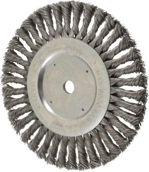 Weiler - 8" OD, 5/8" Arbor Hole, Knotted Steel Wheel Brush - 5/8" Face Width, 1-5/8" Trim Length, 0.023" Filament Diam, 6,000 RPM - Industrial Tool & Supply