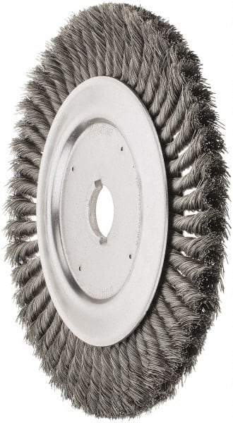 Weiler - 10" OD, 1-1/4" Arbor Hole, Knotted Steel Wheel Brush - 3/4" Face Width, 1-3/4" Trim Length, 0.016" Filament Diam, 4,500 RPM - Industrial Tool & Supply