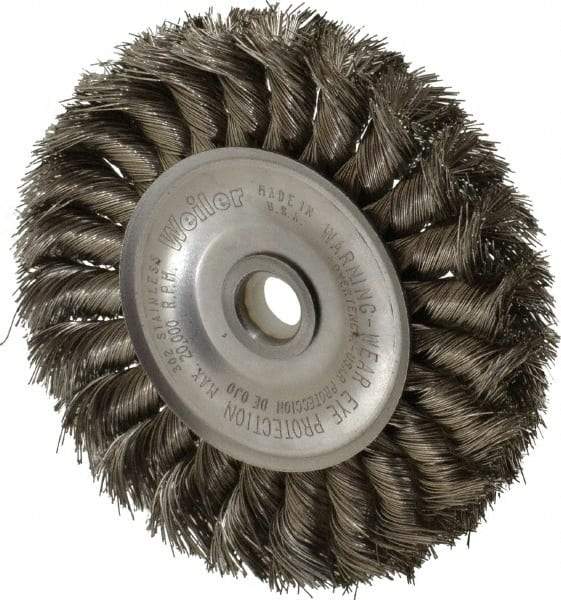 Weiler - 4" OD, 1/2" Arbor Hole, Knotted Stainless Steel Wheel Brush - 1/2" Face Width, 7/8" Trim Length, 0.0118" Filament Diam, 20,000 RPM - Industrial Tool & Supply