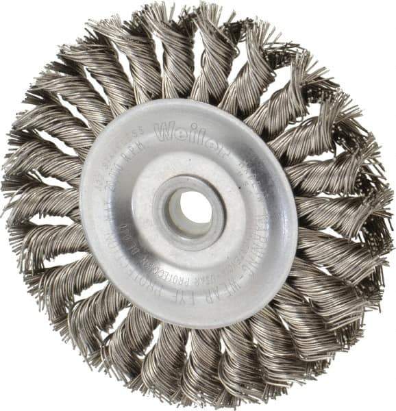 Weiler - 4" OD, 1/2" Arbor Hole, Knotted Stainless Steel Wheel Brush - 1/2" Face Width, 7/8" Trim Length, 0.02" Filament Diam, 20,000 RPM - Industrial Tool & Supply
