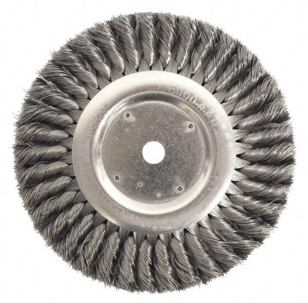 Weiler - 8" OD, 2" Arbor Hole, Knotted Steel Wheel Brush - 1" Face Width, 1-5/8" Trim Length, 0.0118" Filament Diam, 6,000 RPM - Industrial Tool & Supply