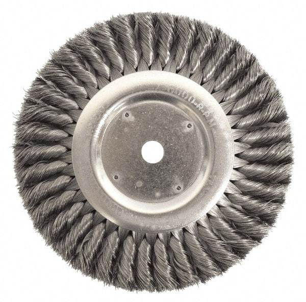 Weiler - 10" OD, 2" Arbor Hole, Knotted Steel Wheel Brush - 1-1/4" Face Width, 1-3/4" Trim Length, 0.0118" Filament Diam, 4,500 RPM - Industrial Tool & Supply