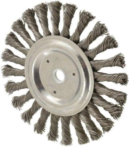 Weiler - 6" OD, 5/8" Arbor Hole, Knotted Steel Wheel Brush - 3/8" Face Width, 1-3/8" Trim Length, 0.023" Filament Diam, 9,000 RPM - Industrial Tool & Supply